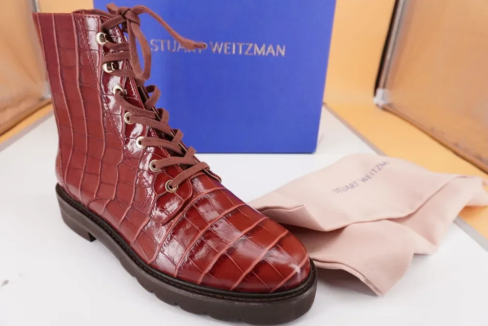 Stuart Weitzman Mila Lift Ankle Boots Size 8 NIB $650 Cardamom Croc Army Hiking